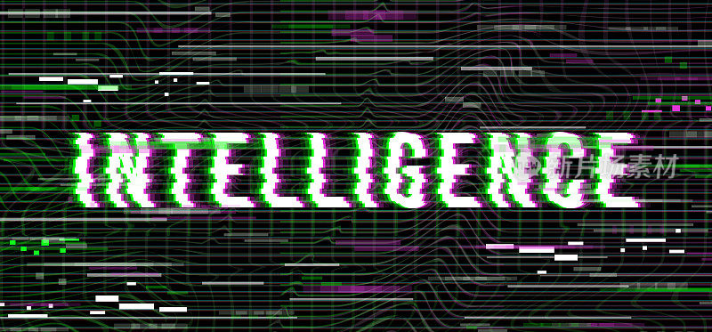 The word ''Intelligence'' in a distorted glitch style on a black background